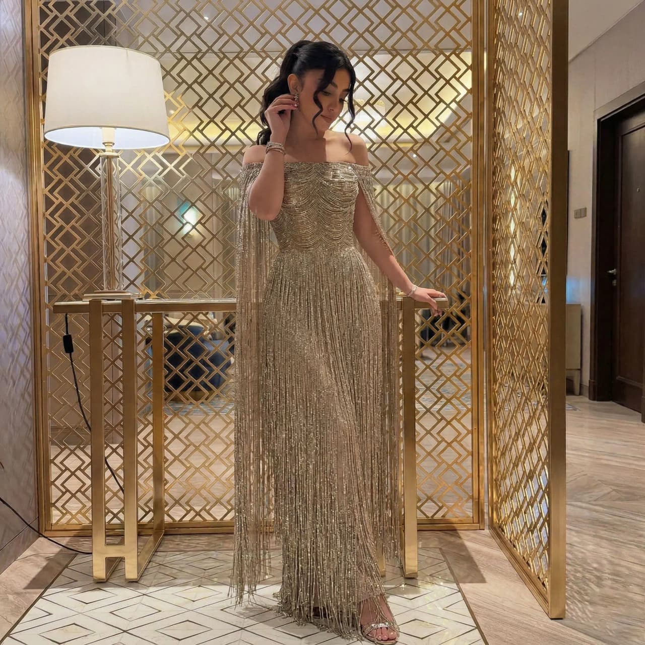 Sharon Said Dubai Elegant Gold Tassel Off Shoulder Evening Dress with Cape Sleeves Arabic Women Formal Party Gown SS232 Custom