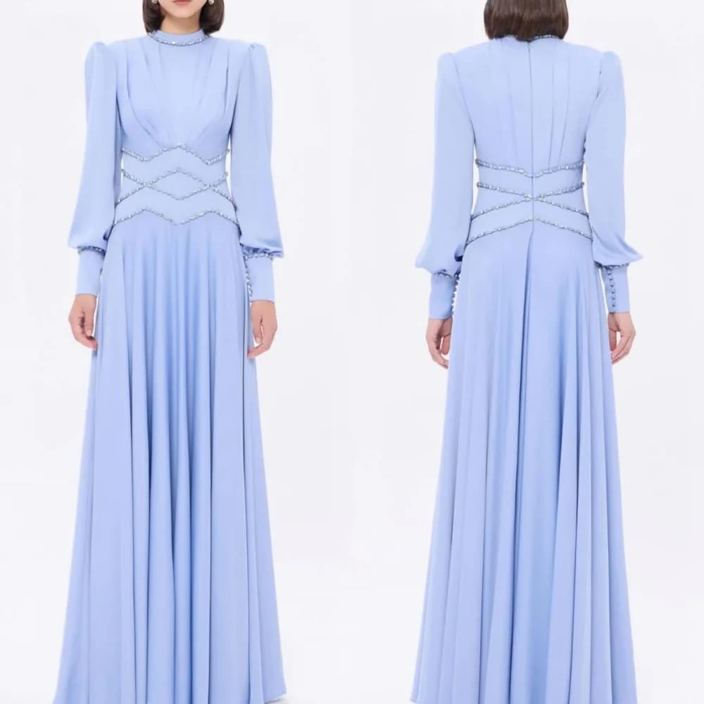 Customized Exquisite Classic Jersey Button Rhinestone A-line High Collar Long Dresses Bespoke Occasion Dresses Sizes Available