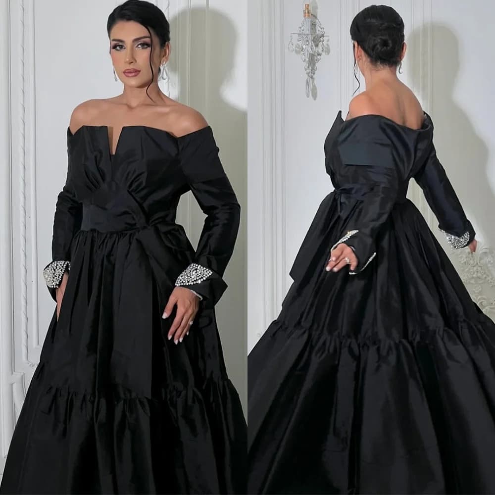 Customized Classic Black Satin Evening Dress Modern Off the Shoulder Long Sleeves Celebrity Gowns Luxury Crystal Prom Dress