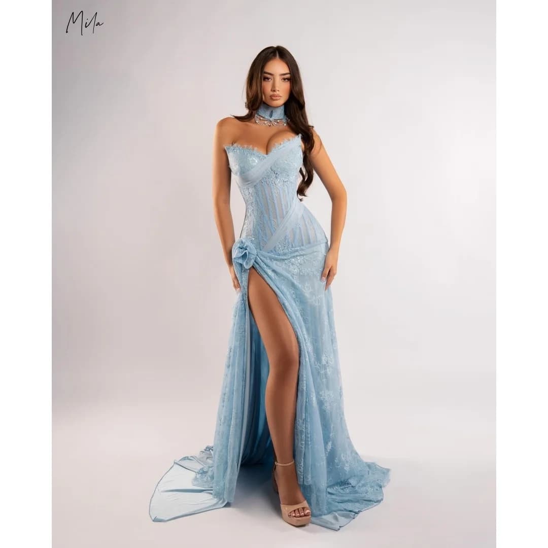 Mila Light Blue Strapless Choker Neck vestidos de gala Lace Sequin Customized Formal Evening High Slit Prom Dresses Elegant 2025