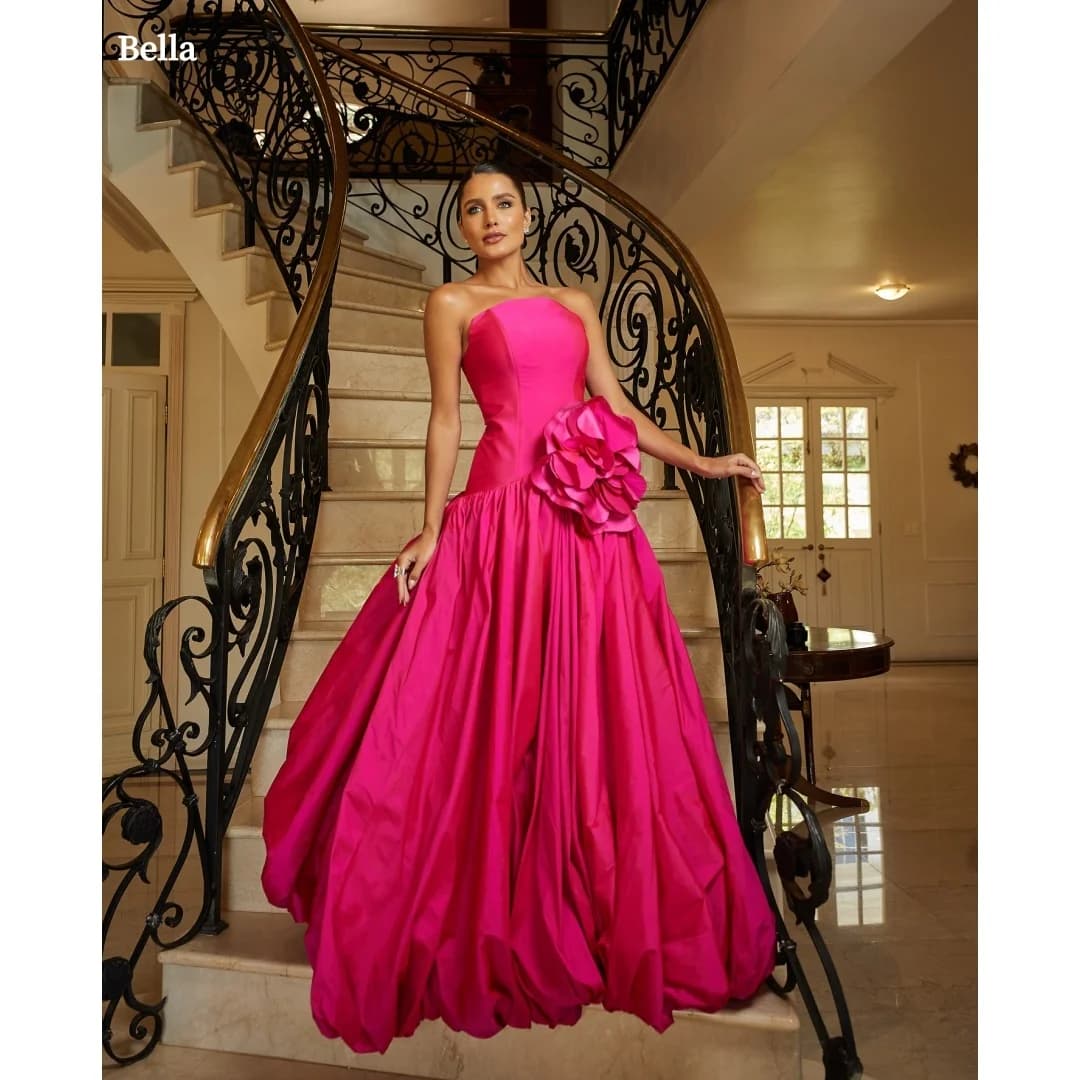 Bella Customized Hot Pink Strapless 3D Floral Prom Dress robes de soirée Floor Length Ball Gown Satin Party Dresses For Women