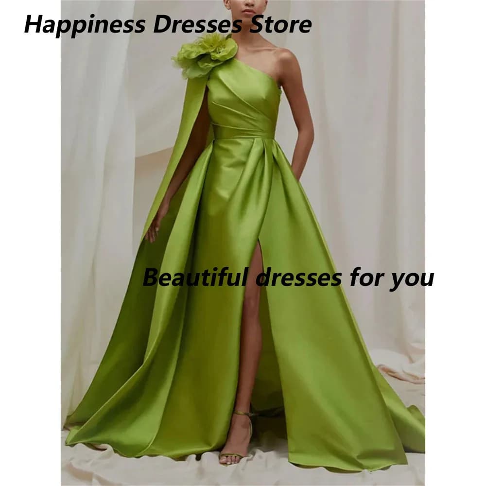 Customized Satin One-Shoulder Handmade Flower Prom Dresses  A-line Pleated Floor-Length Sleeveless Royal Evening Gown
