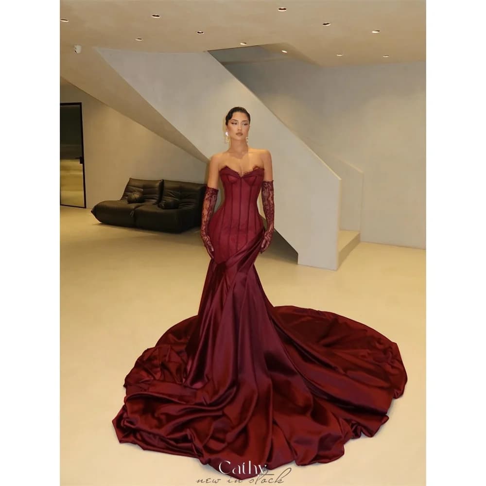 Cathy Customize Burgundy Gorgeous Mermaid Asymmetric Prom Dress Lace Sleeves vestidos de noiva Royal Train Evening Dresses 2025
