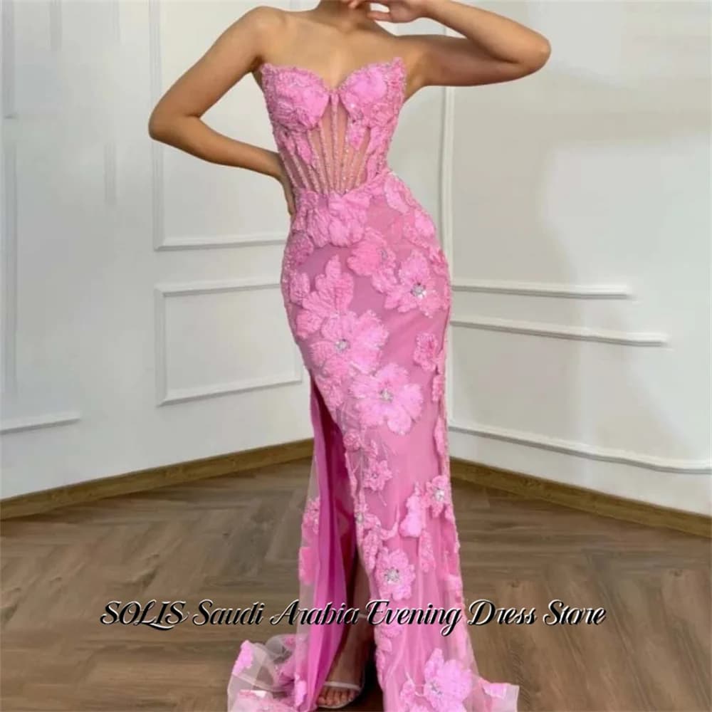 SOLIS Pink Evening Dresses Strapless Trumpet Formal Gown Side Split Night Dresses with 3D Floral Tulle Prom Dresses Customized
