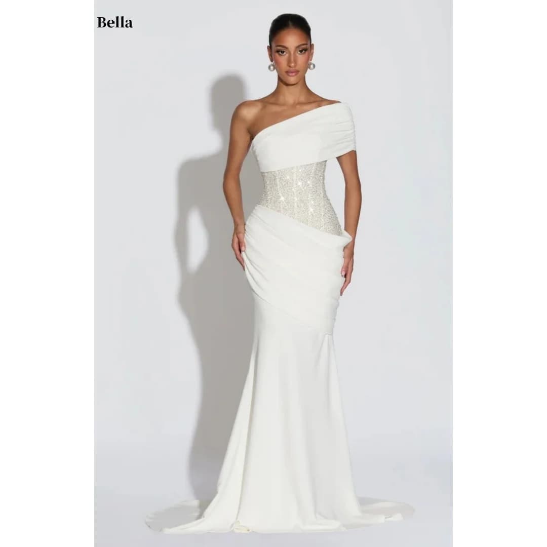 Bella Customized White One Shoulder Sequin Waist robes de soirée Mermaid Train Gown Elegant Party Dresses Stylish Prom Dress