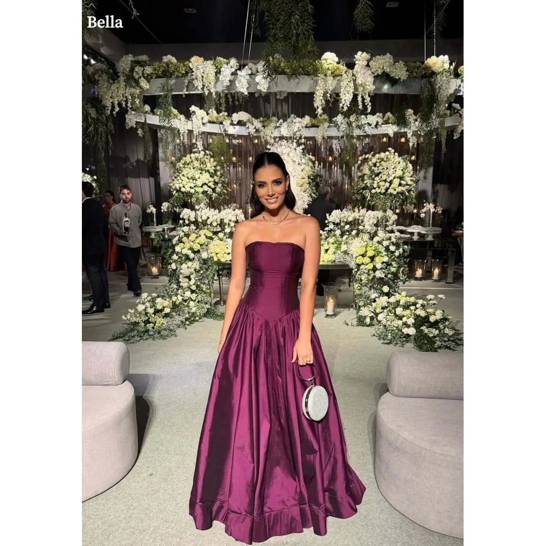 Bella Customized Burgundy Strapless Satin Prom Dress Fitted Bodice Flared Floor-Length Party Dresses formal robes de soirée 2025