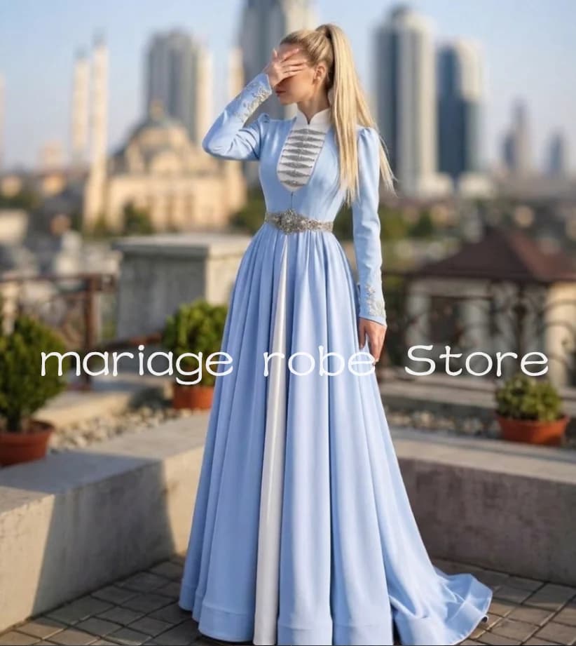 Sky Blue Muslim Caftan Prom Dresses with Long Sleeve traditional motifs High Neck Circassian National Evening Gown Custmsize