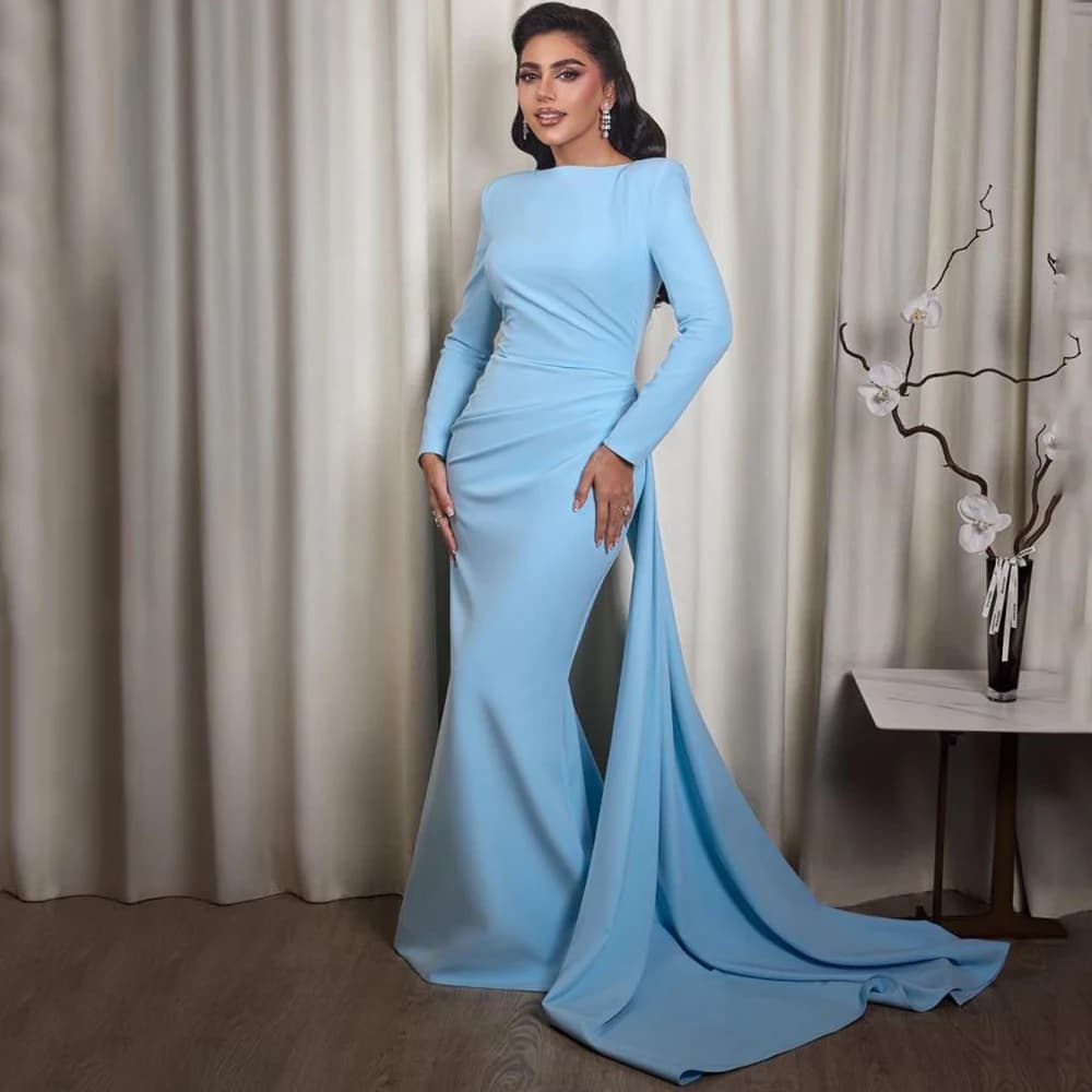 DRESS RORU Sky Blue Jersey Evening Dress Simple Scoop Neck Long Sleeves Mermaid Floor Length Women Pleat Customized Gowns