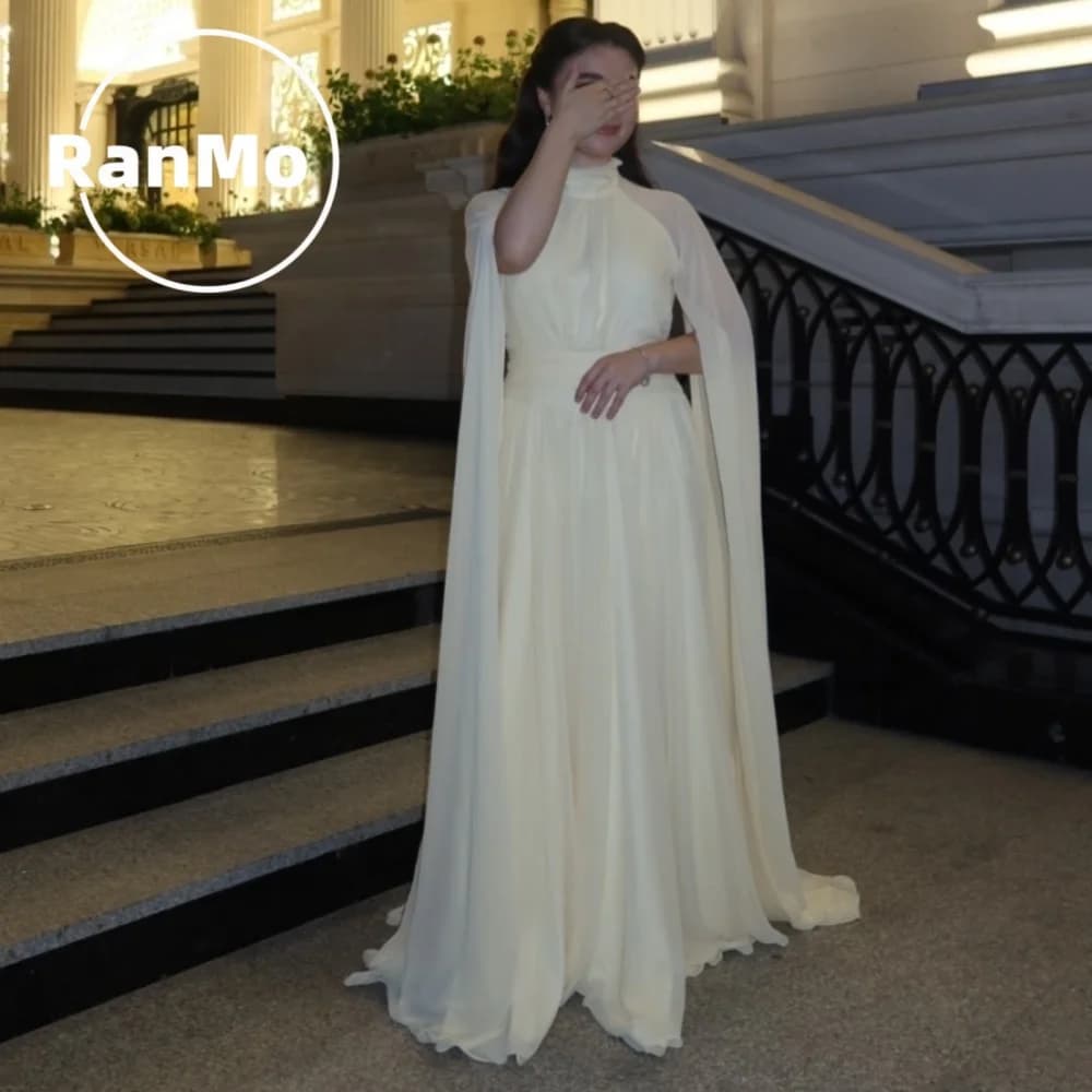 Ranmo Customized Yellow Cape Saudi Women Evening Dresses 2026 Floor Length Ladies Party Dresses Beading Sleevesless Prom Dresses
