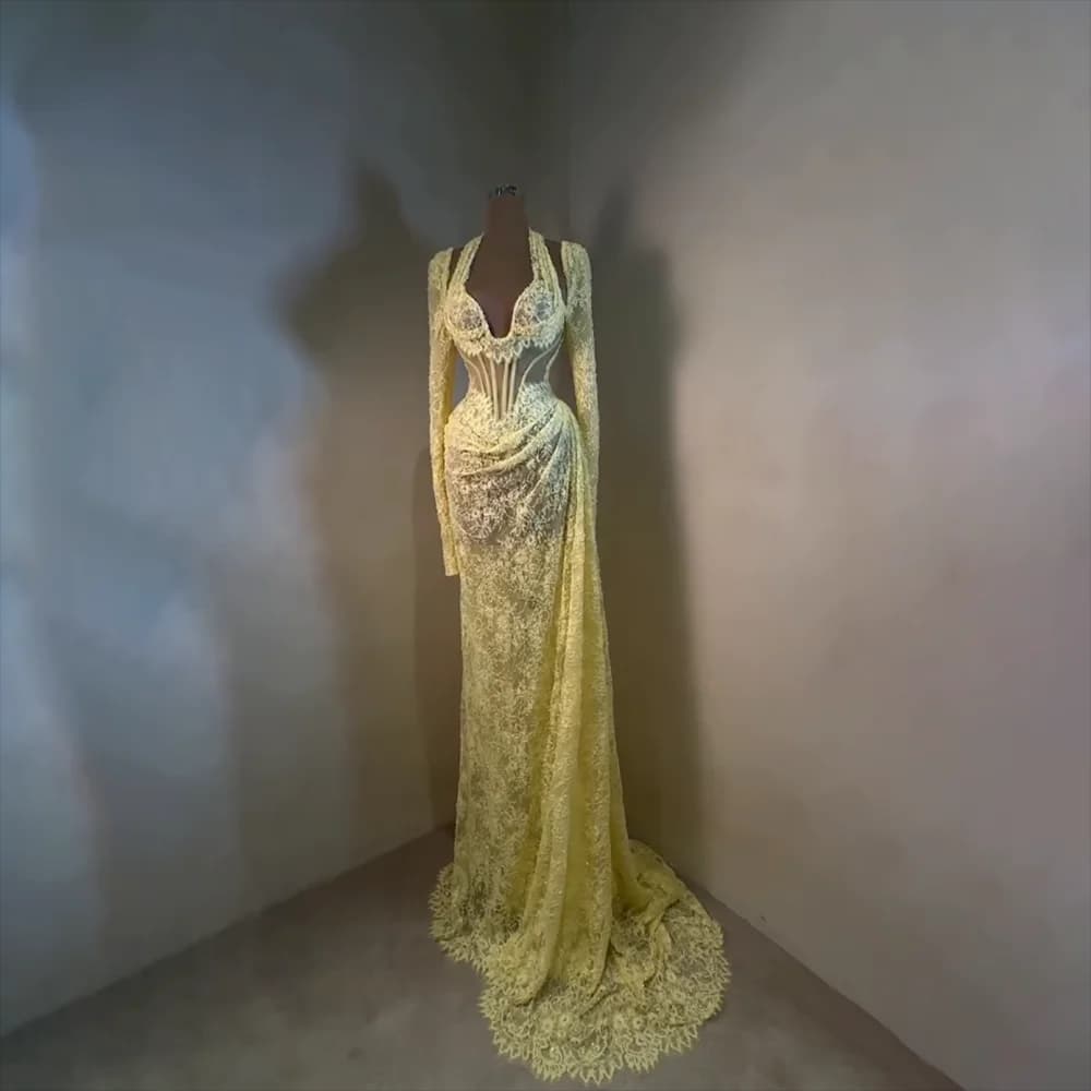 Yellow Lace Evening Dress Sexy Halter Sweetheart Neck Long Sleeves Floor Length Evening Gown Pleat Mermaid Prom Dress Customized