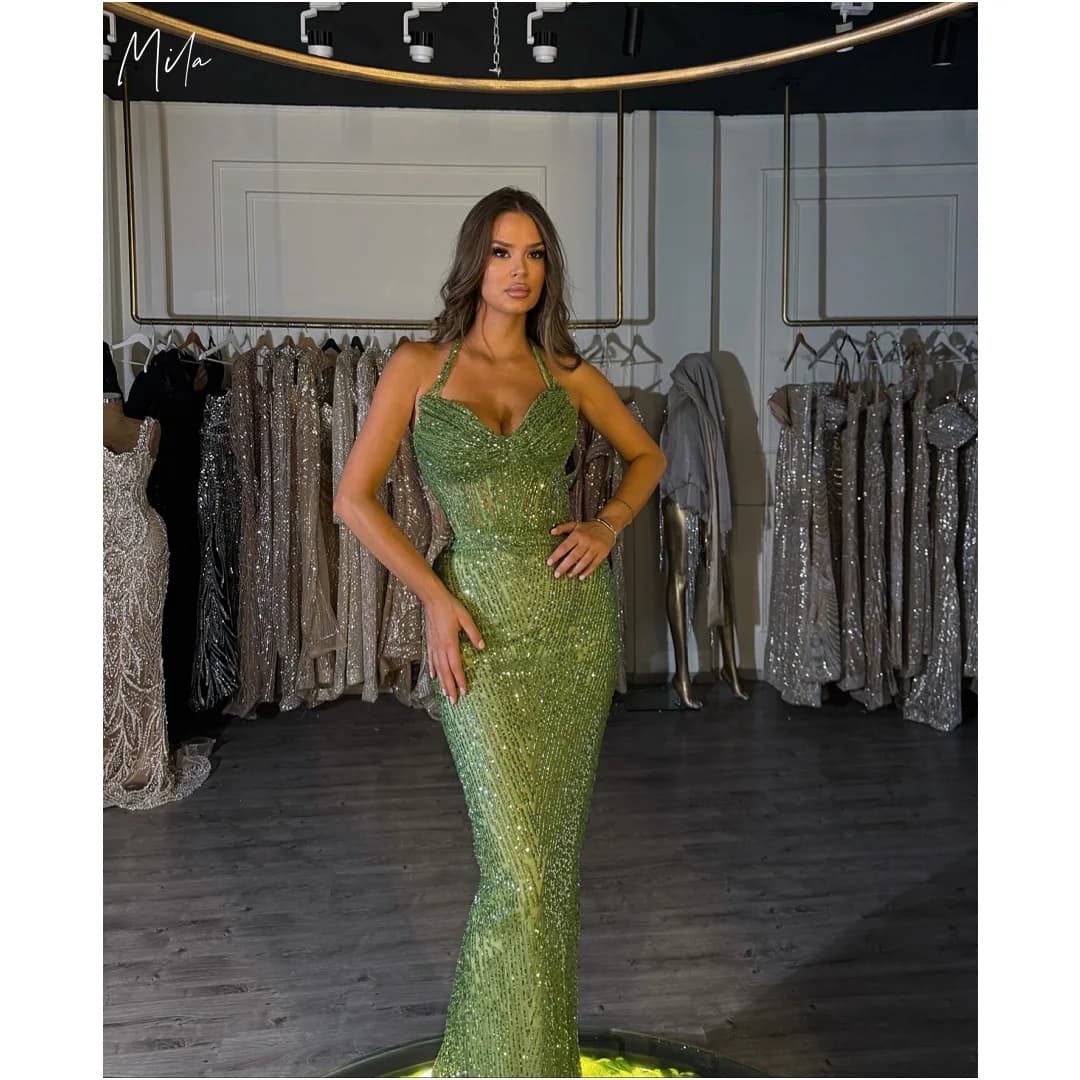 Mila Halter Neck Prom Dresses Green Shiny Sleeveless Customized Formal Evening Sexy Mermaid Floor-Length vestidos de gala 2025