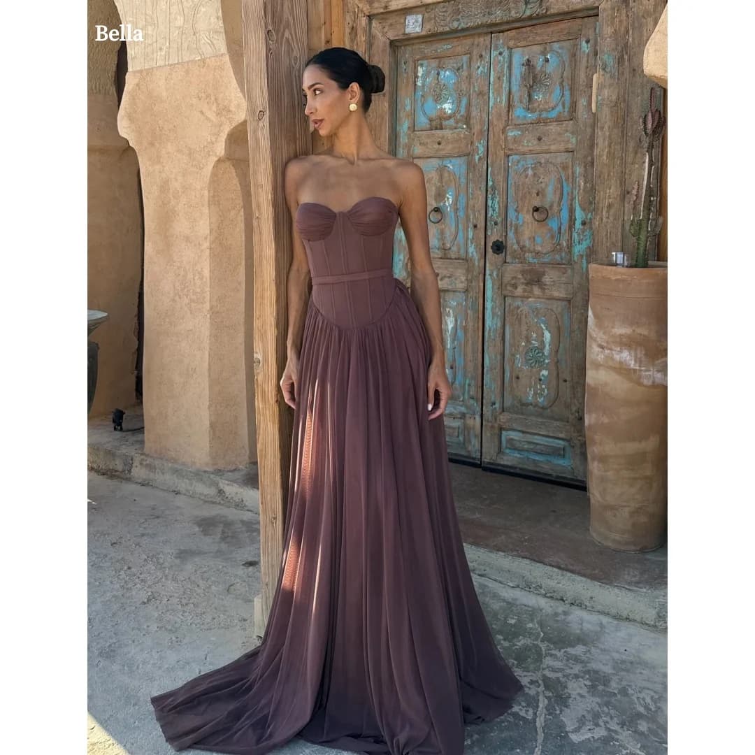 Bella Customized Robes De Soirée, Yellow Satin Strapless Prom Dress with Ruched Bust and High Slit, Elegant Party Dresses 2026