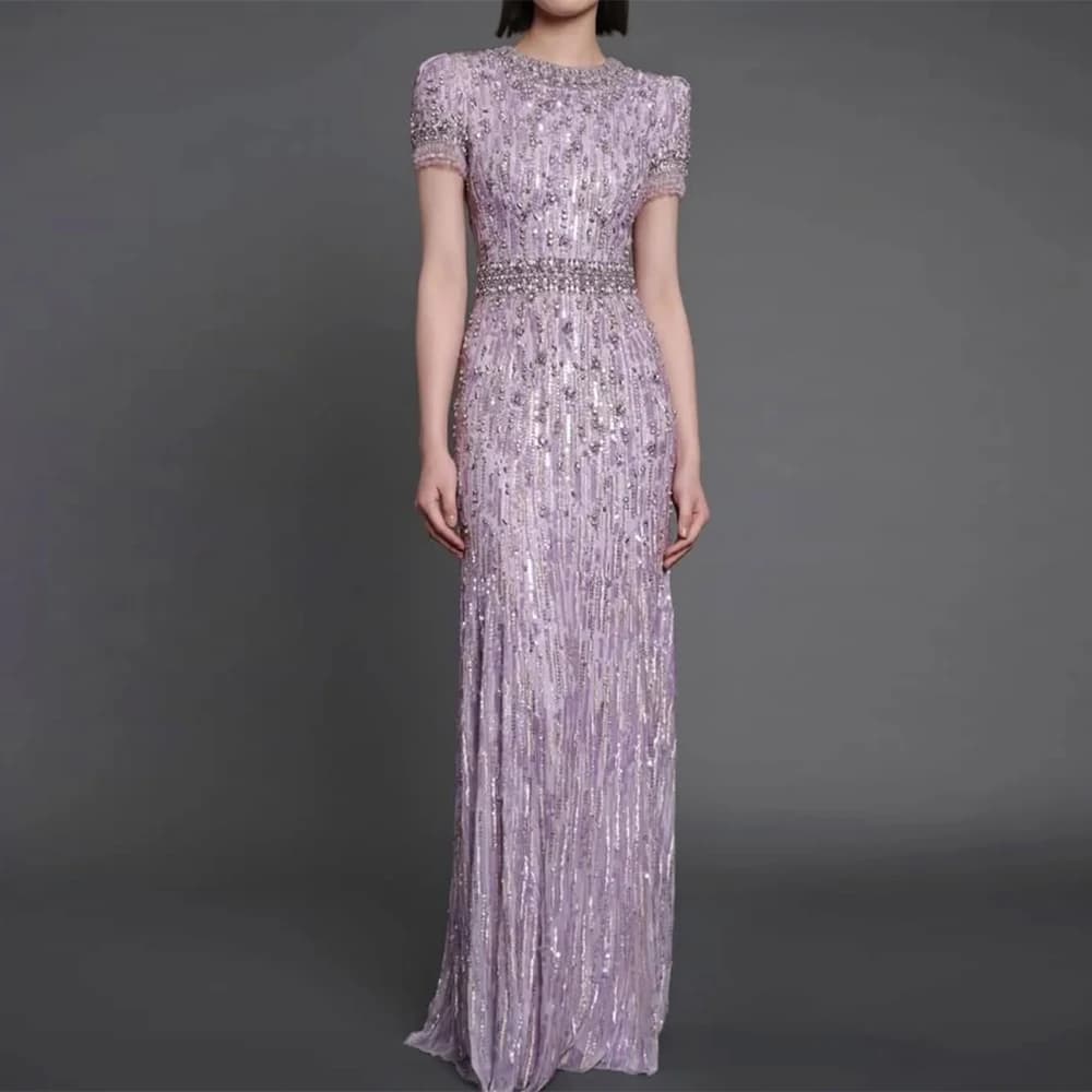 Exquisite Tulle Sequined and Beading Evening Dress Classic O-Neck Customized Prom Dresses Sparkly Crystal Special Occasion Gowns