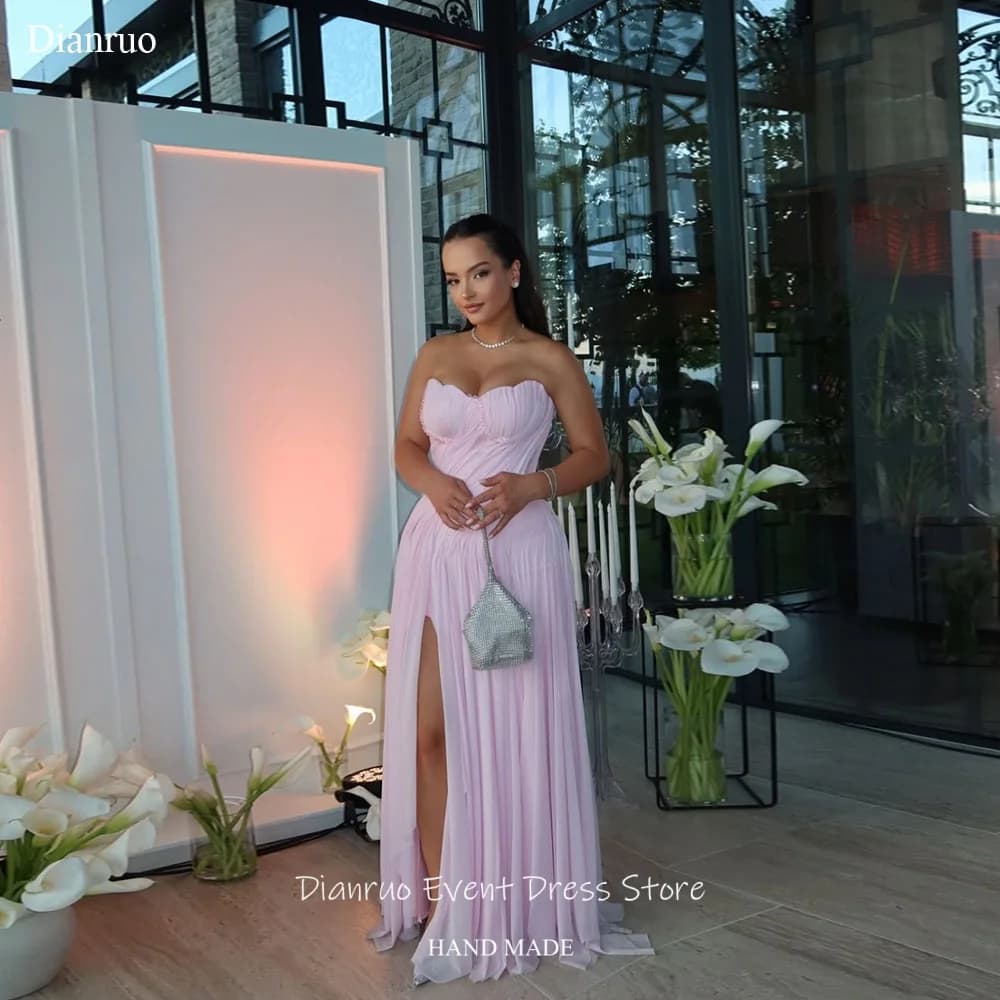 Dianruo Fashion High Slit Evening Dresses Pleated Chiffon Robes De Soirée Sweetheart A Line Vestido De Festa Longo Customized