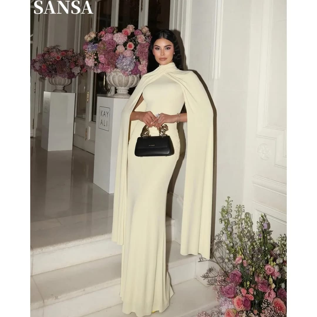 Sansa Customized Yellow Mock Neck Wrap Cape Mermaid Formal Gown Elegant Long Cloak Sleeve Bodycon Evening Wedding Guest Dress