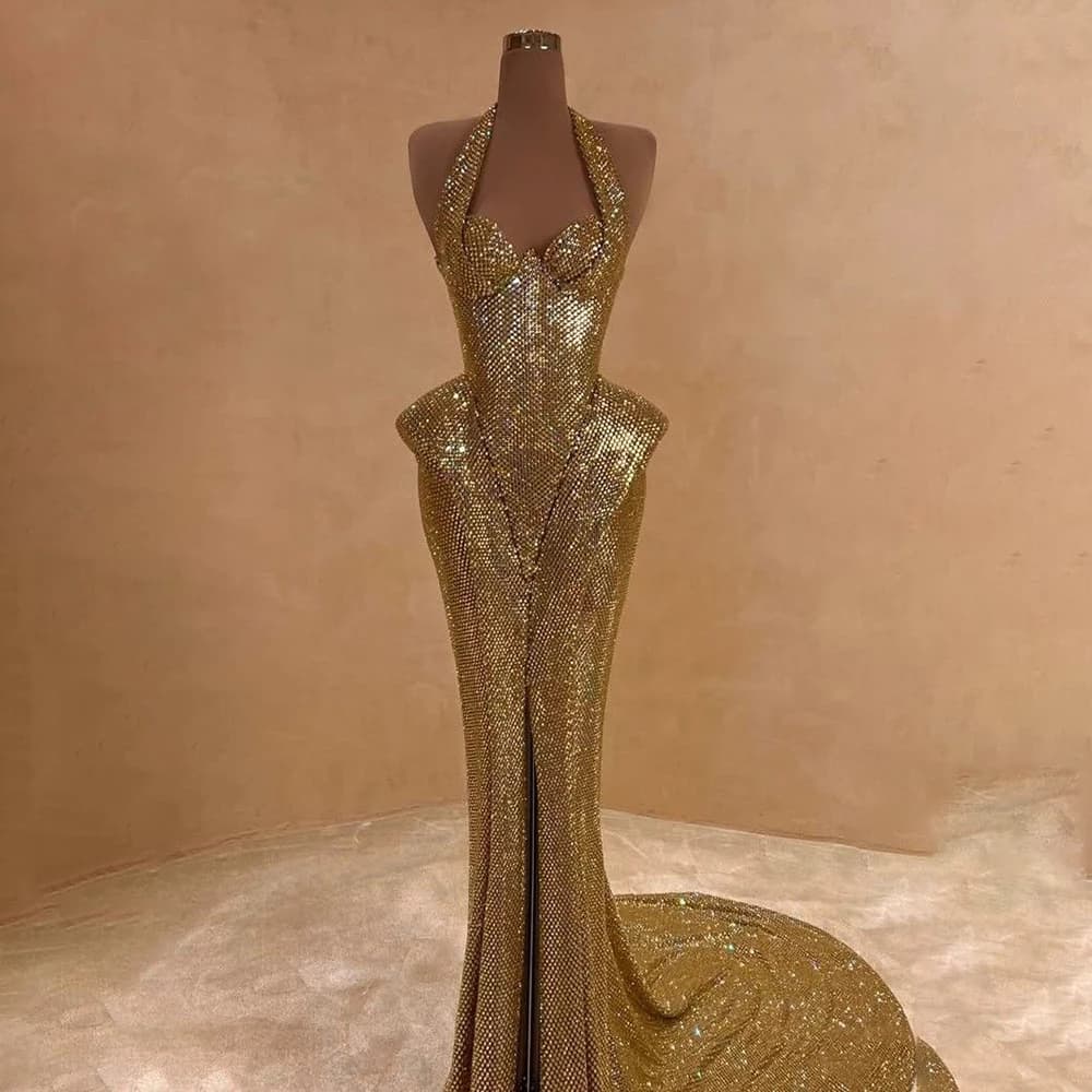 Golden Glowing Halter Neck Evening Dresses Sparkling Sleeveless Floor-length Luxurious Prom Dresses for Red Carpet Gala Banquet
