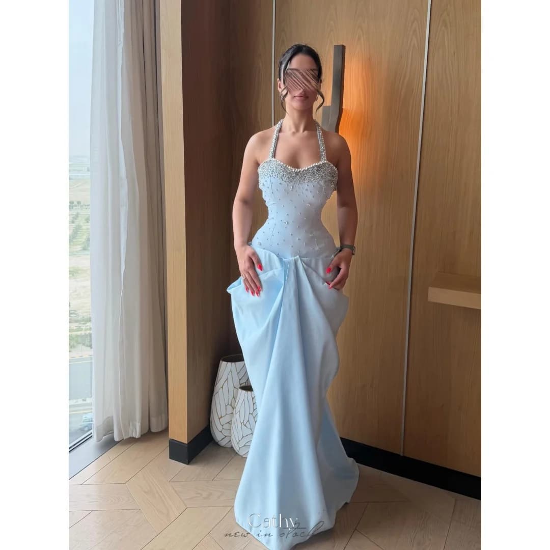 Cathy Customized Light Blue Halter Neck Rhinestones Prom Dress Floor-Length vestidos de noche Beaded Draped Evening Dresses 2026