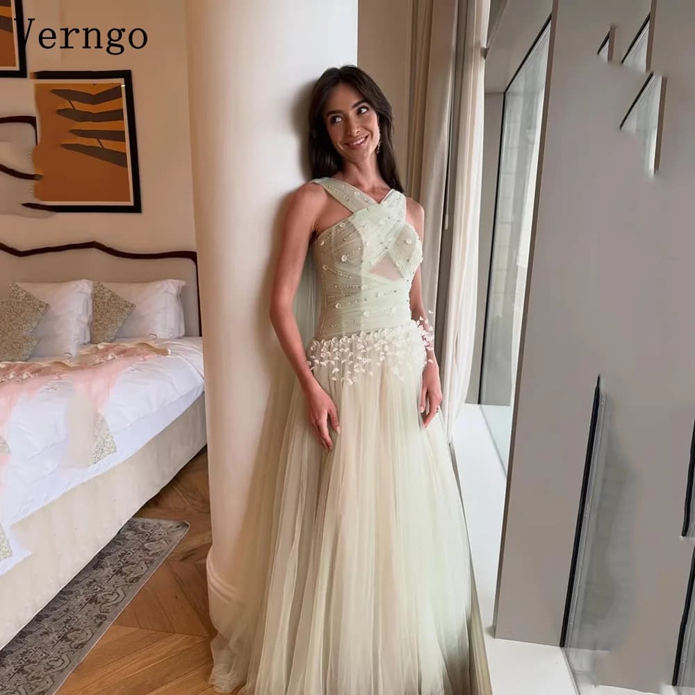 Verngo Green Tulle Graceful Evening Dress Halter Cross Sequined Pleated Formal Occasion Dress Elegant Party Gown Customized
