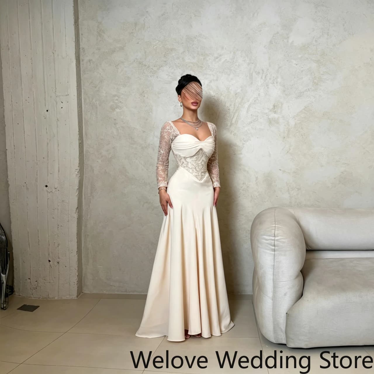 Champagne Formal Gown Featuring Square Neckline Full Sheer Lace Hand Embroidered Corset Bodice Flowy Satin Mermaid Floor Skirt