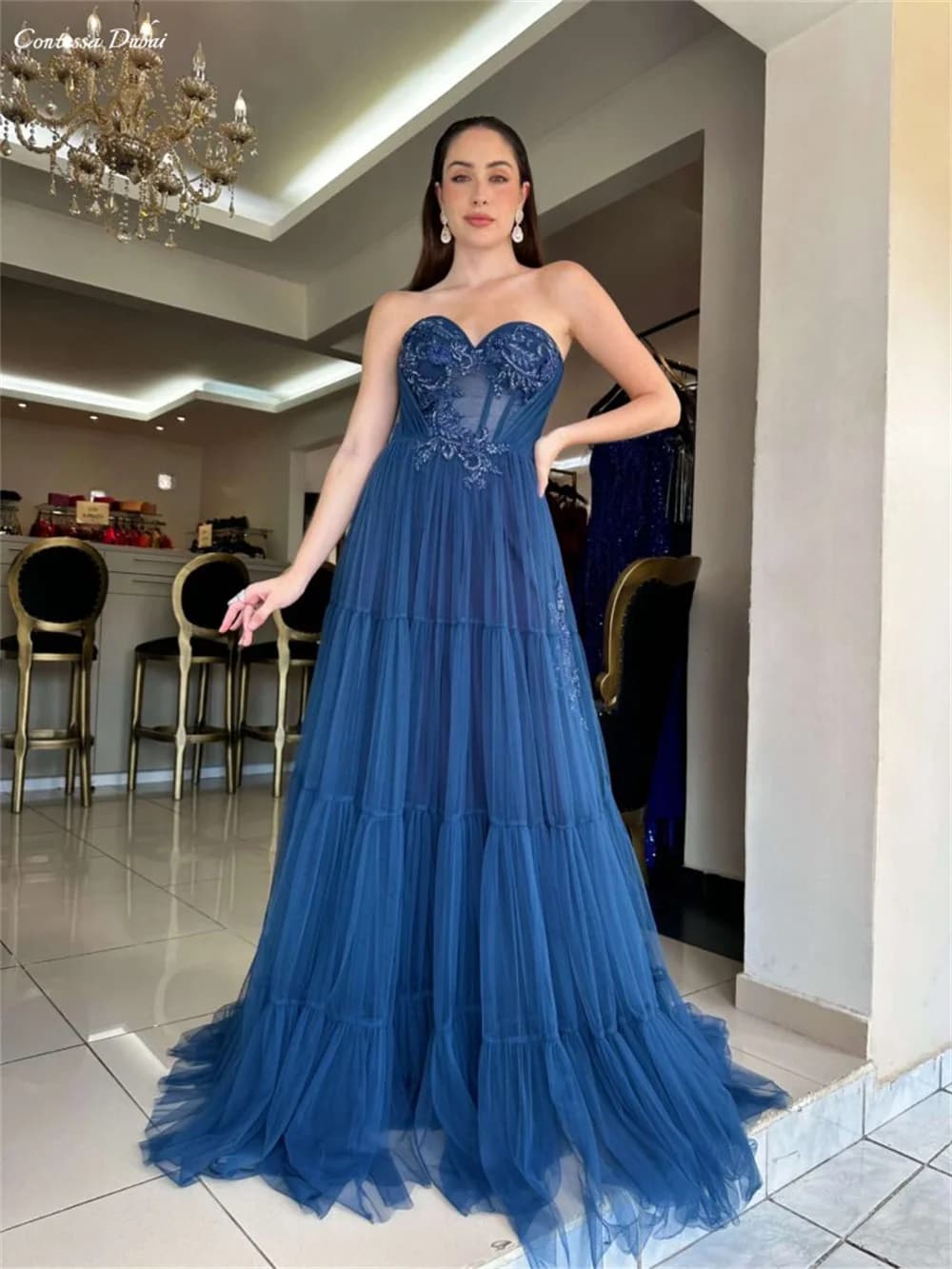 Contessa Custom evening dress prom dress romantic elegant strapless sweetheart tulle formal gown aline long maxi skirt for party