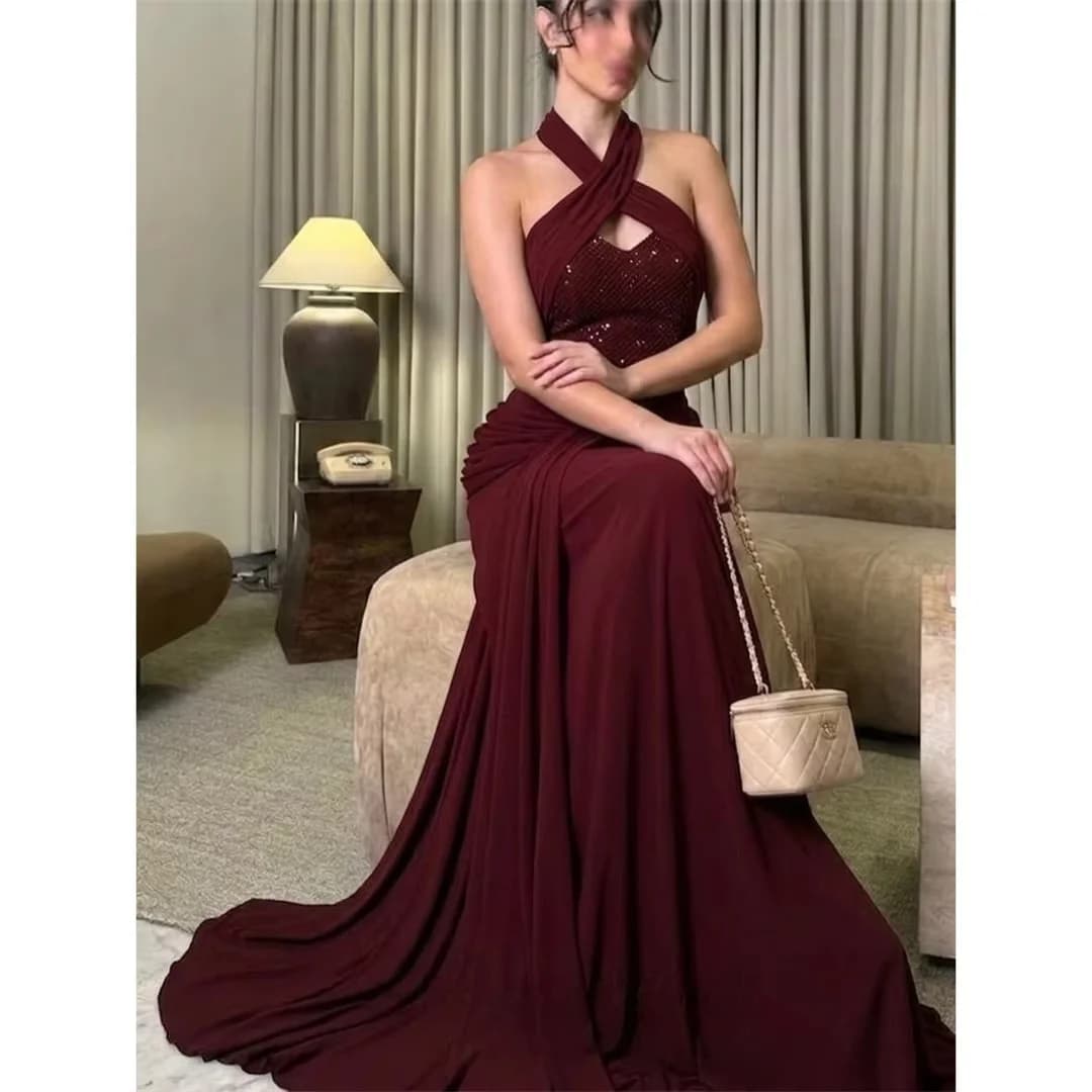 Burgundy Halter Long Bespoke Occasion Gown Evening Dresses Pastrol Unisex Jersey Retro Dubai Saudi Arabic Prom Customized
