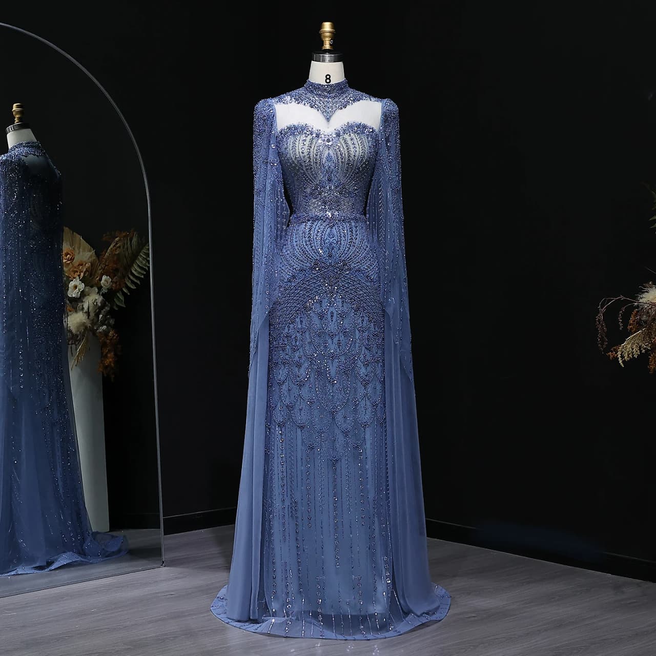 Sharon Said Luxury Beaded Blue Evening Dress With Cape Sleeve High Neck Elegant Women Wedding Party Gowns SS079 Customized