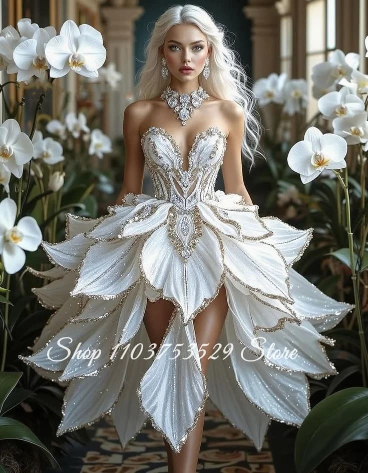 Custom Gorgeous Strapless Fairy Evening Dresses Crystal Appliqué Corset Petal Skirt Hem Special Occasion Dress Masquerade Ball