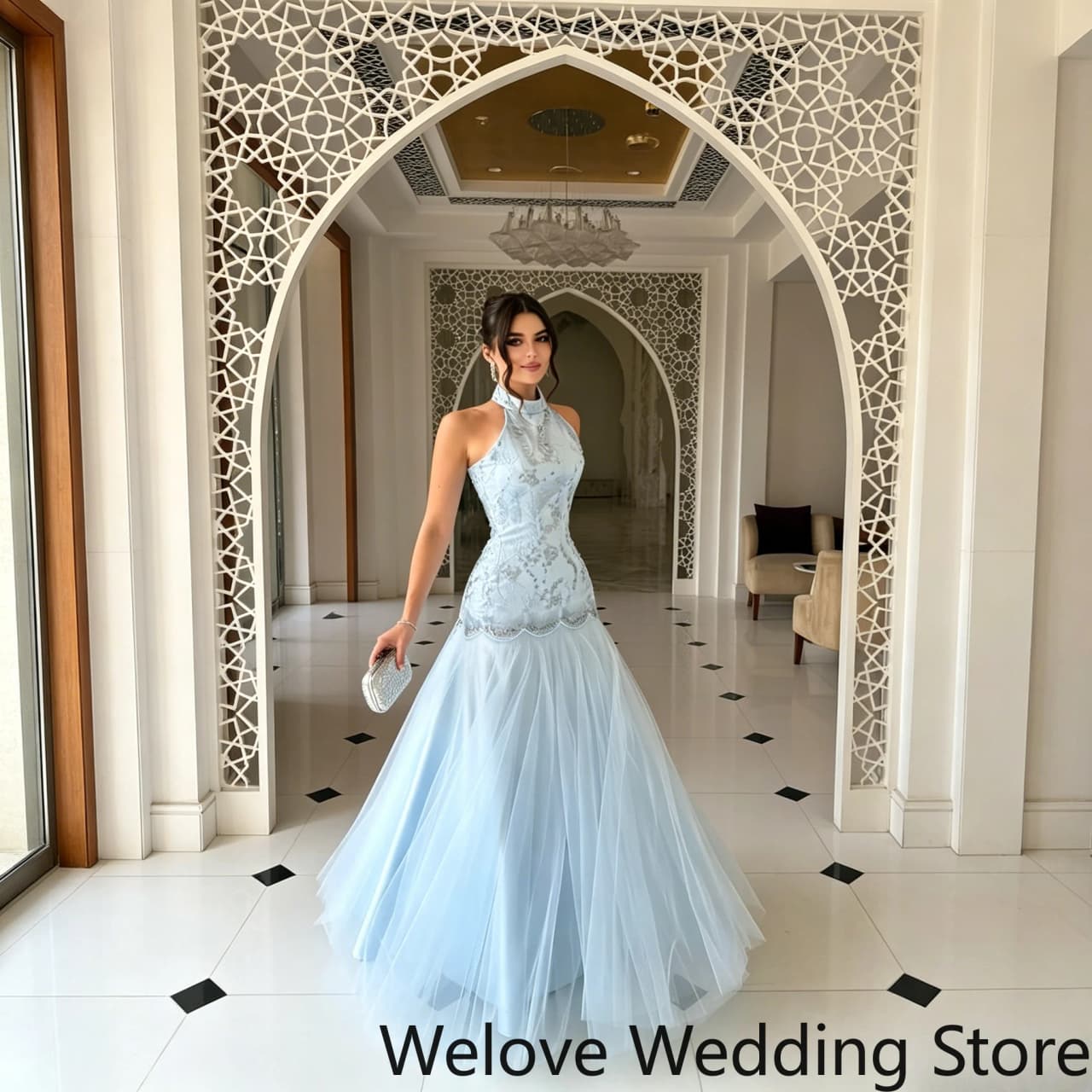 Ethereal Light Blue Formal Evening Gown Featuring High Halter Neck, Intricate Lace & Beaded Embellishments, Slim‑Fit Bodice