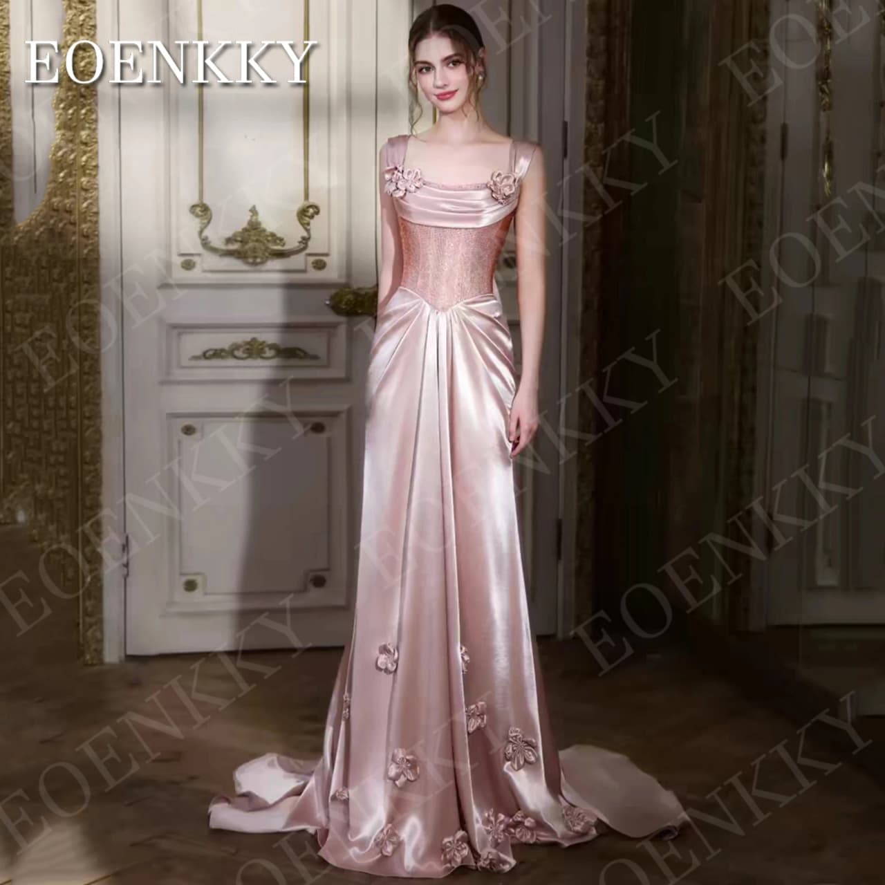 EOENKKY Evening Dresses Square Neck Prom Gowns Customized Pink Mermaid 3D Flowers Satin Party Dress Luxury Woman платье вечернее