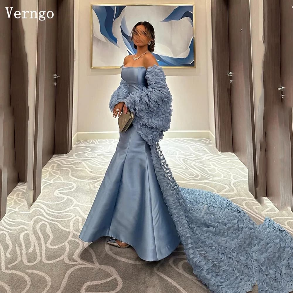 Verngo Gray Blue Satin Prom Gowns Strapless Mermaid Prom Party Dress Pleat Crape Women Elegant Saudi Arabic Evening Dresses