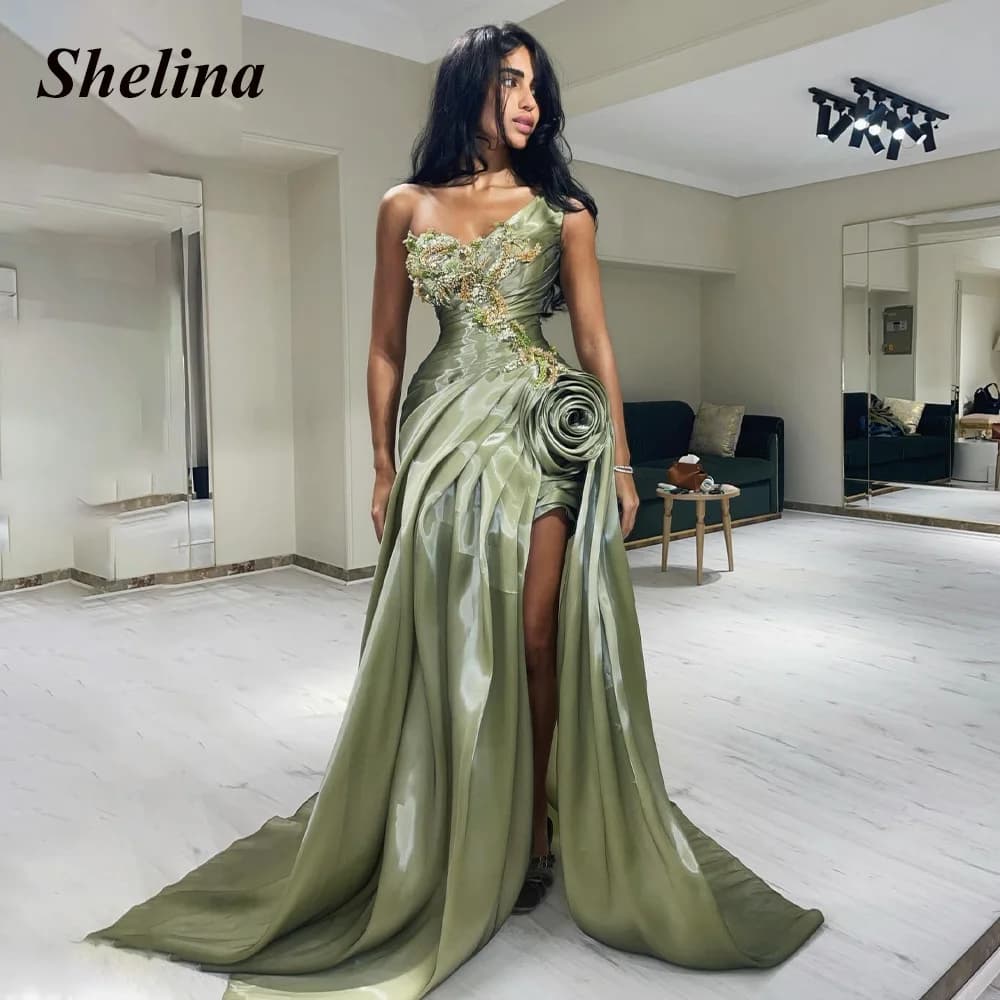 Shelina Glamorous High Slit Evening Dress One-shoulder Pleat Sleeveless Satin Rucehd Ceremony Vestidos De Fiesta Customized