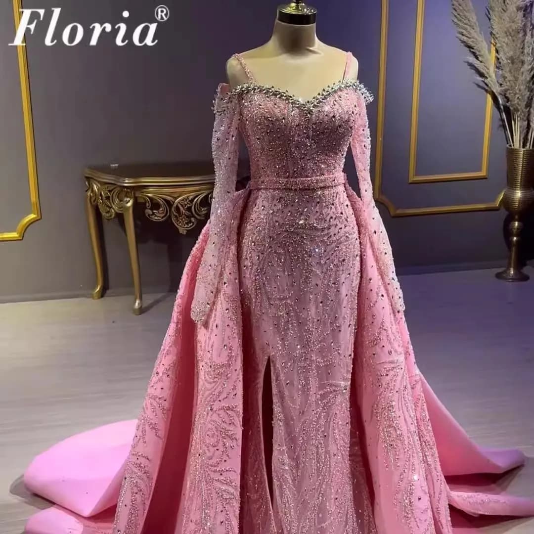 New Elegant Pink Evening Dresses Aso Ebi Beaded Crystals Prom Dress With Detachable Skirt Vestidos De Gala Wedding Party Gowns