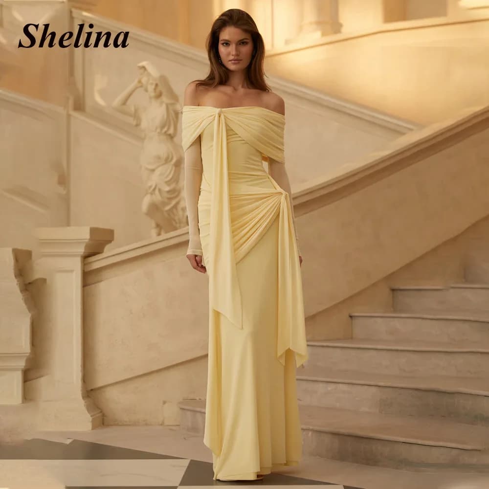 Shelina Classic Off the Shoulder Evening Dress Chiffon Boat neck Pleat Mermaid Ceremony Vestidos De Fiesta Customized Drop Ship