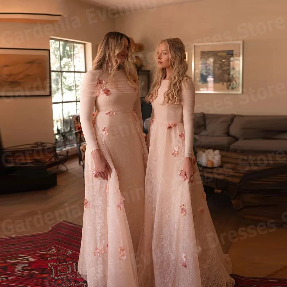 Fascinating A Line Women's Evening Dresses O Neck Long Sleeve Prom Gowns Lace 3D Flowers Customized Vestido De Gala Noche Mujer