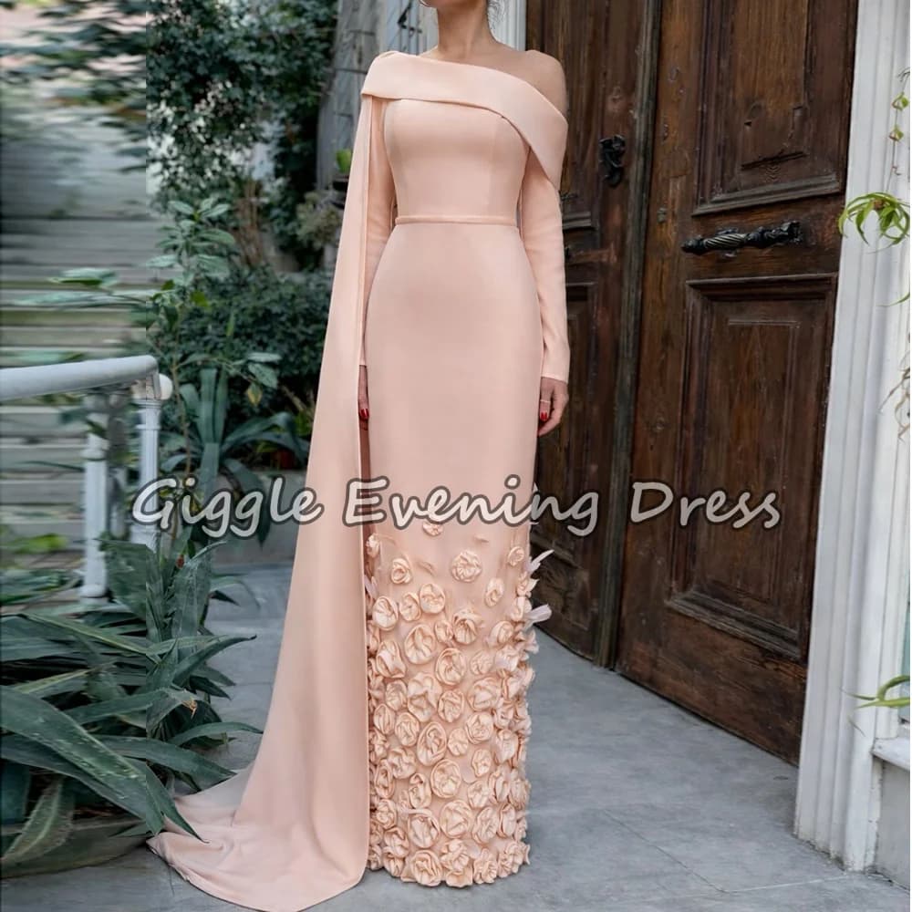 Fashion Jersey Handmade Flower Off-shoulder Evening Dresses Luxury Long Sleeves Mermaid Wedding Guest Formal Dress Customized