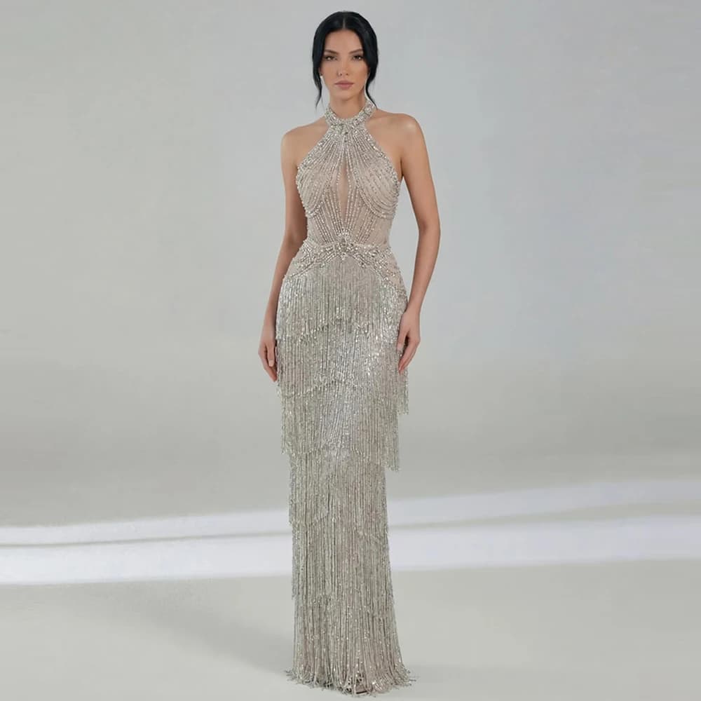 Exquisite Mermaid Evening Dress Temperament Halter Sleeveless Crystal Customized Celebrity Gowns  See Through Tassel Party Gown