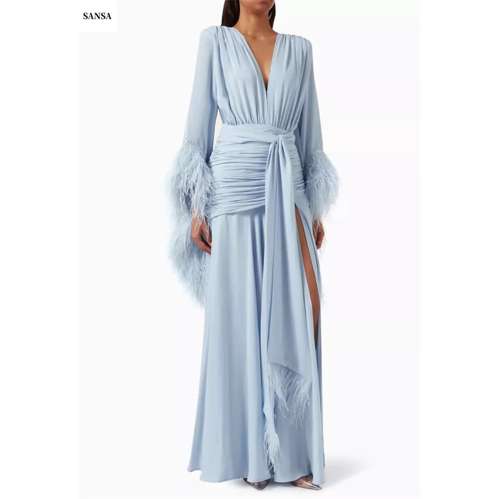 Sansa Customized V-neck Side High Slit A-line Prom Dresses Long Sleeve Elegant Evening Dresses Cascading Ruffle Party Dresses