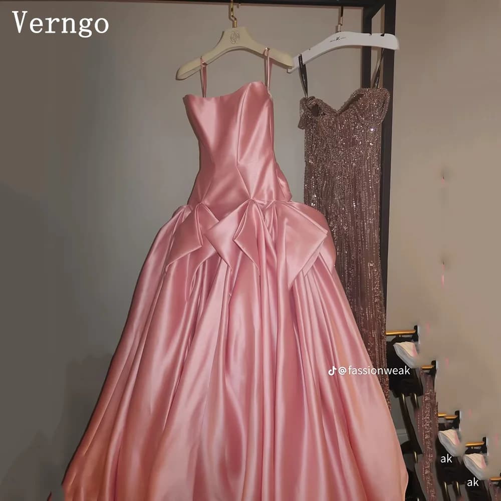 Verngo Pink Satin Princess Evening Dress Spaghetti Straps A Line Bow Formal Occasion Dresses Simple Prom Gowns Customized