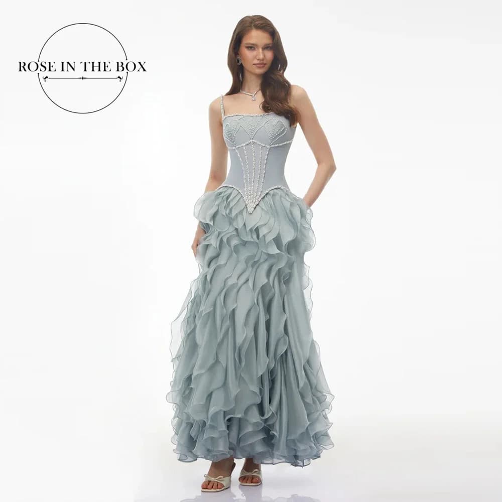 Ruffles Waves Evening Dresses for Women Spaghetti Strap Elegant A-line Organza Ankle Length Sexy Arabic Formal Prom Gowns