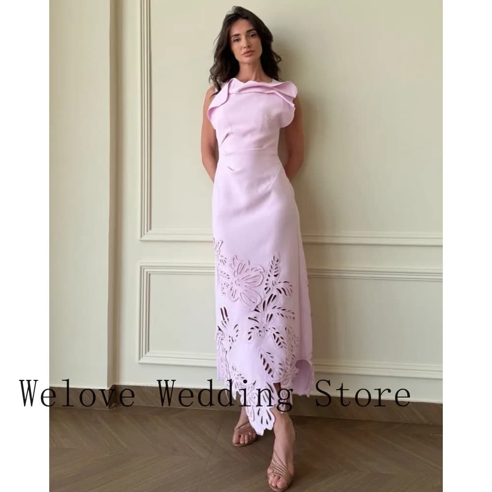 Formal Cocktail Dress with Ruffle Neckline Sleeveless Design Structured Bodice Floral Laser-Cut Hem and Asymmetric Midi Length