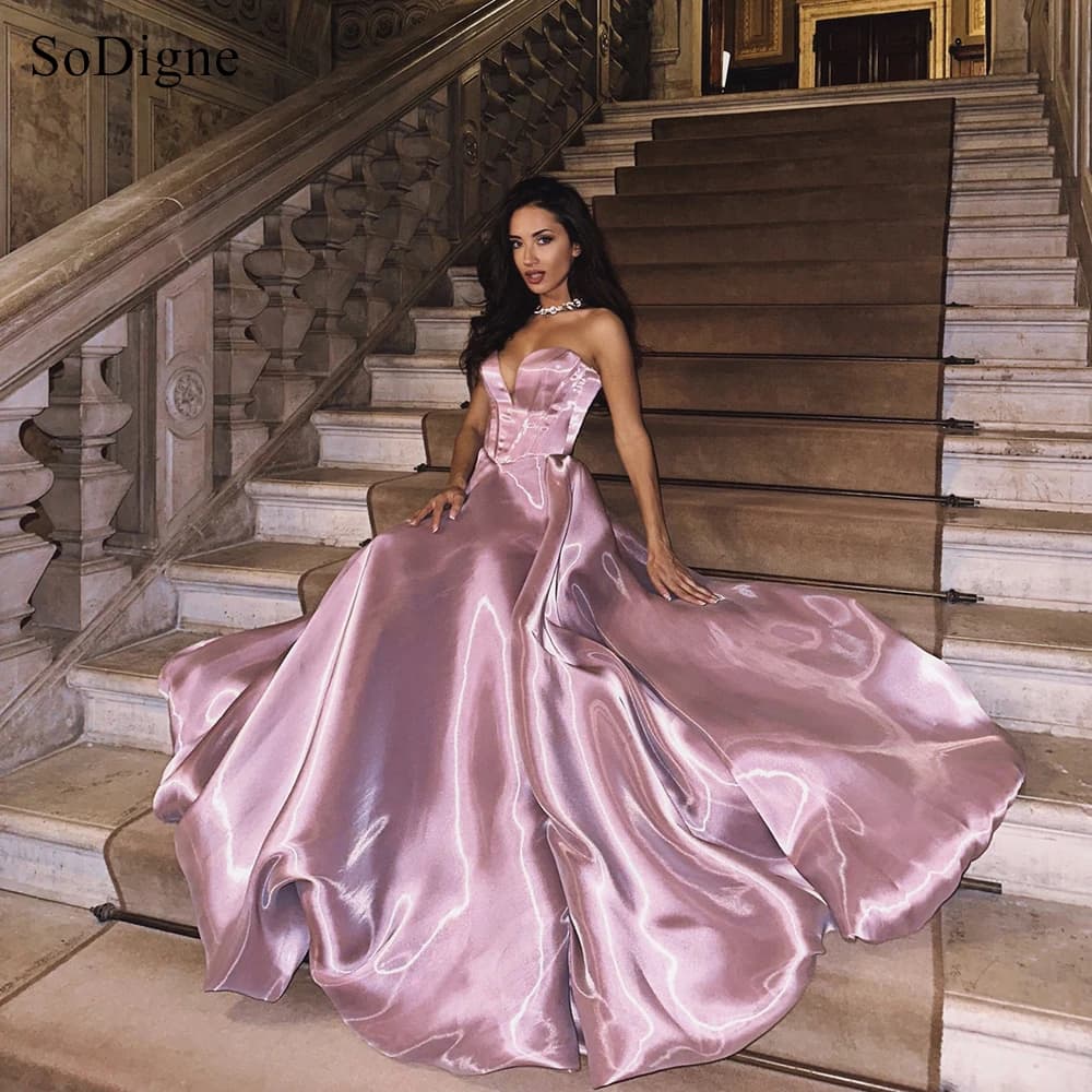 SoDigne Fairy Pink Shiny Satin Evening Dresses Strapless Sleeveless Party Dress Sexy A-Line Backless Women Gowns Customized