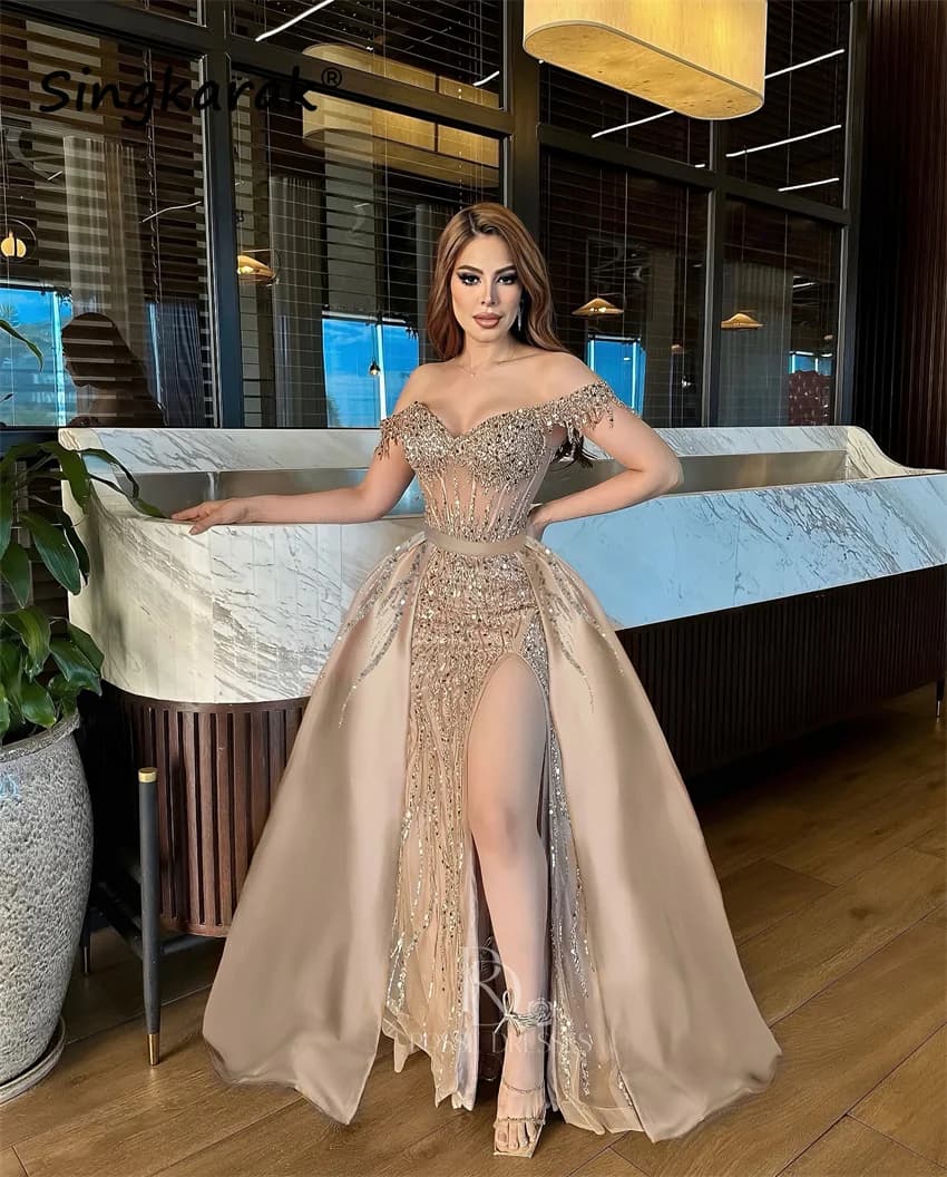 Champagne Beading Evening Dress 2026 Crystals Beading Prom Party Wedding Party Gowns With Detachable Train Vestidos Customized