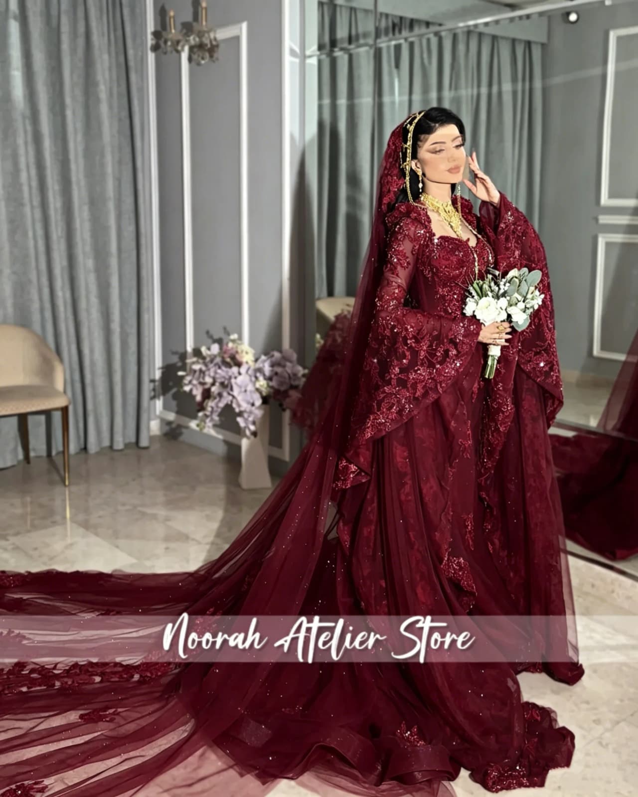 DarkRed Appliques Long Sleeves Dubai Luxury Women’s Wedding Dresses 2026 Train Vestido De Noiva Tulle robe de mariée Customized