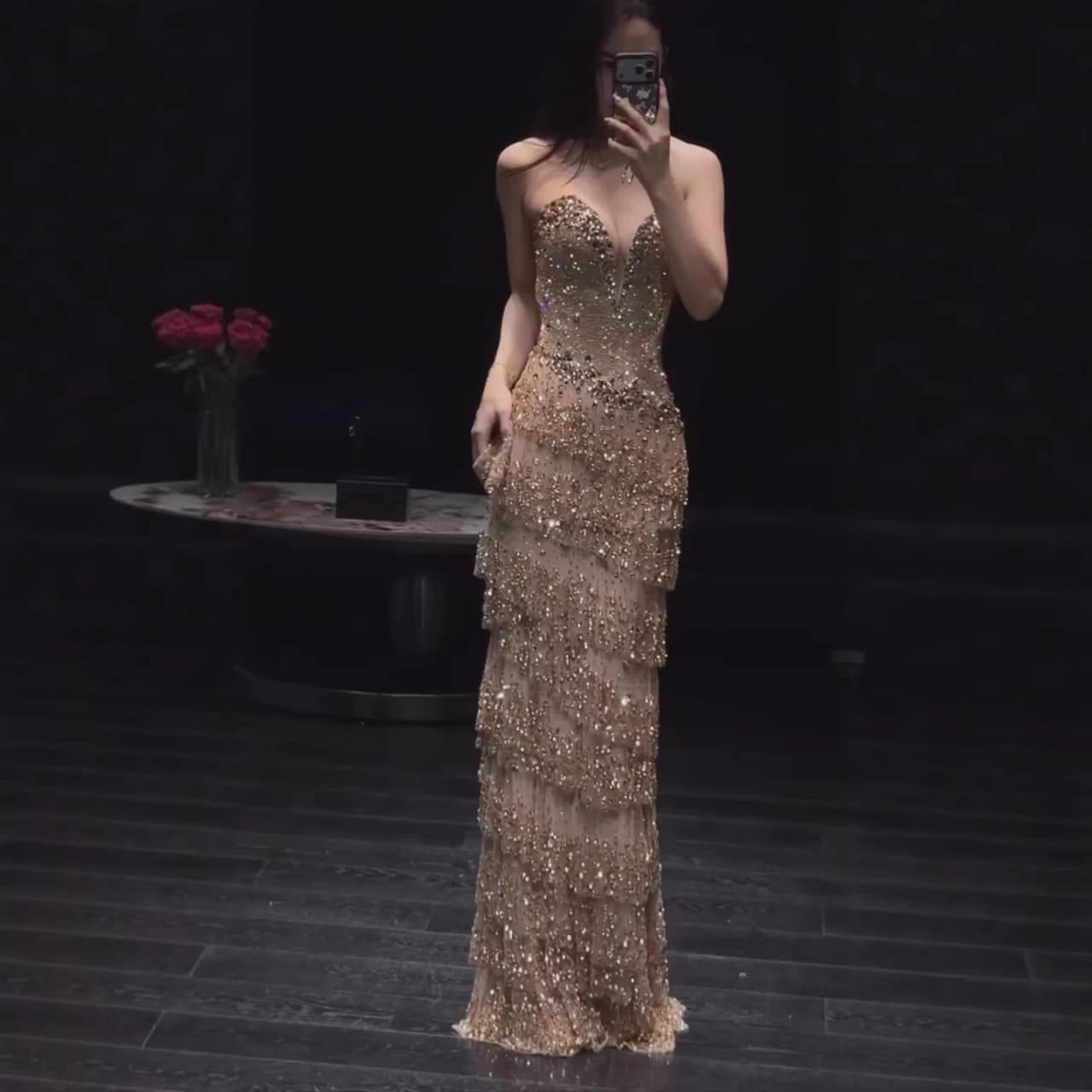 Serene Hill 2026 Luxury Saudi Arabic Gold Strapless Crystal Beaded Evening Dress Gowns For Formal Occasion LA73492 Customized