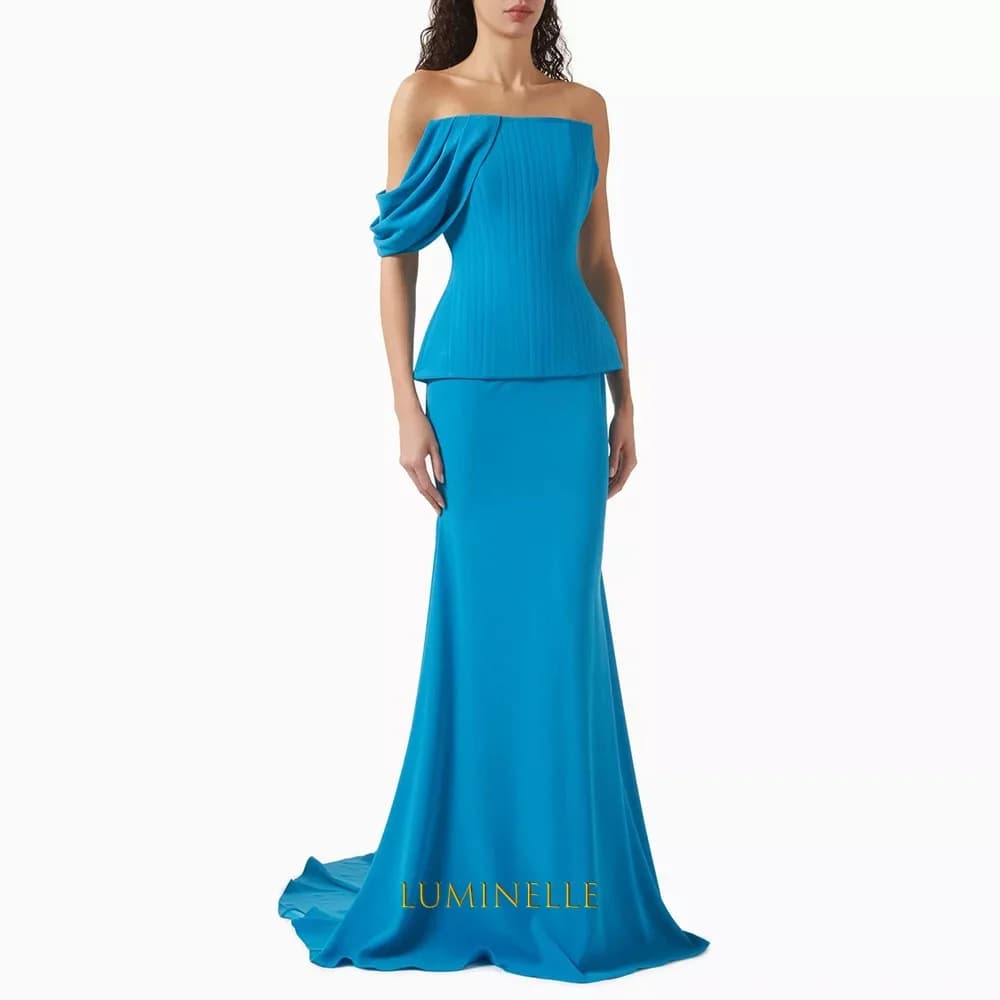 Customized One-shoulder Lake Blue Ruched Mermaid Prom Dresses Sweep Train Party Dresses Saudi Simple Elegant Evening Dresses