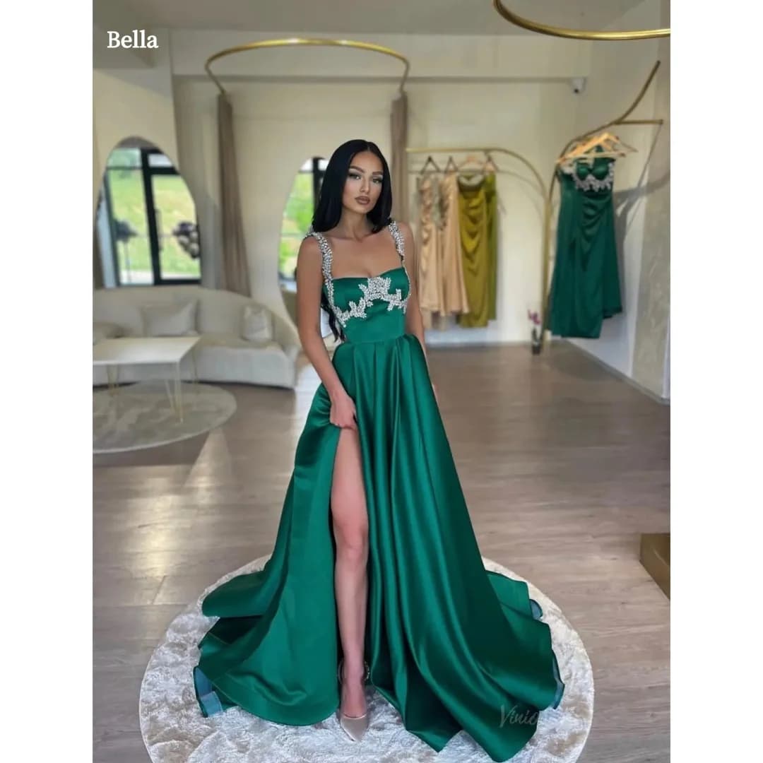 Bella Customized Emerald Green Spaghetti Strap Prom Dress Beaded Bodice Satin A Line High Slit iréeParty Dresses robes de soirée