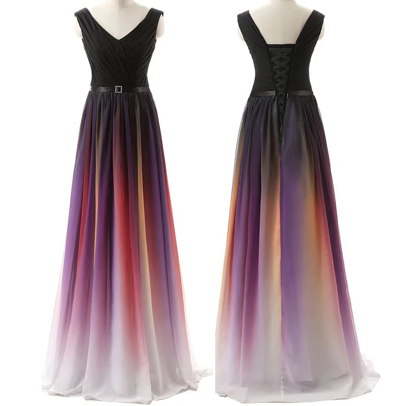 Customized V-Neck Long Evening Party Gowns Vestidos De Festa Fashion Mix Color Sash Florr-Length Chiffon Princess Prom Dress