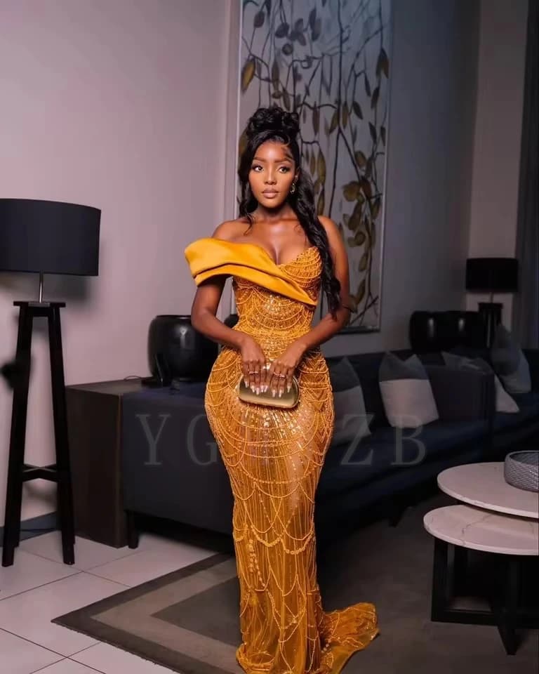 Aso Ebi Evening Dresses Gold Long Mermaid Off Shoulder Beaded Pearls Chic Birthday Dress Luxury Wedding Party Formal Prom Gowns