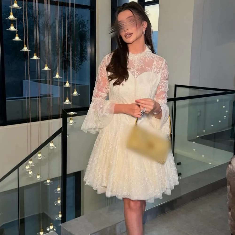 Customized Lace High Collar Wedding Party Dress for Banquet Long Sleeves A-line Short Dresses Formal Evening Gowns