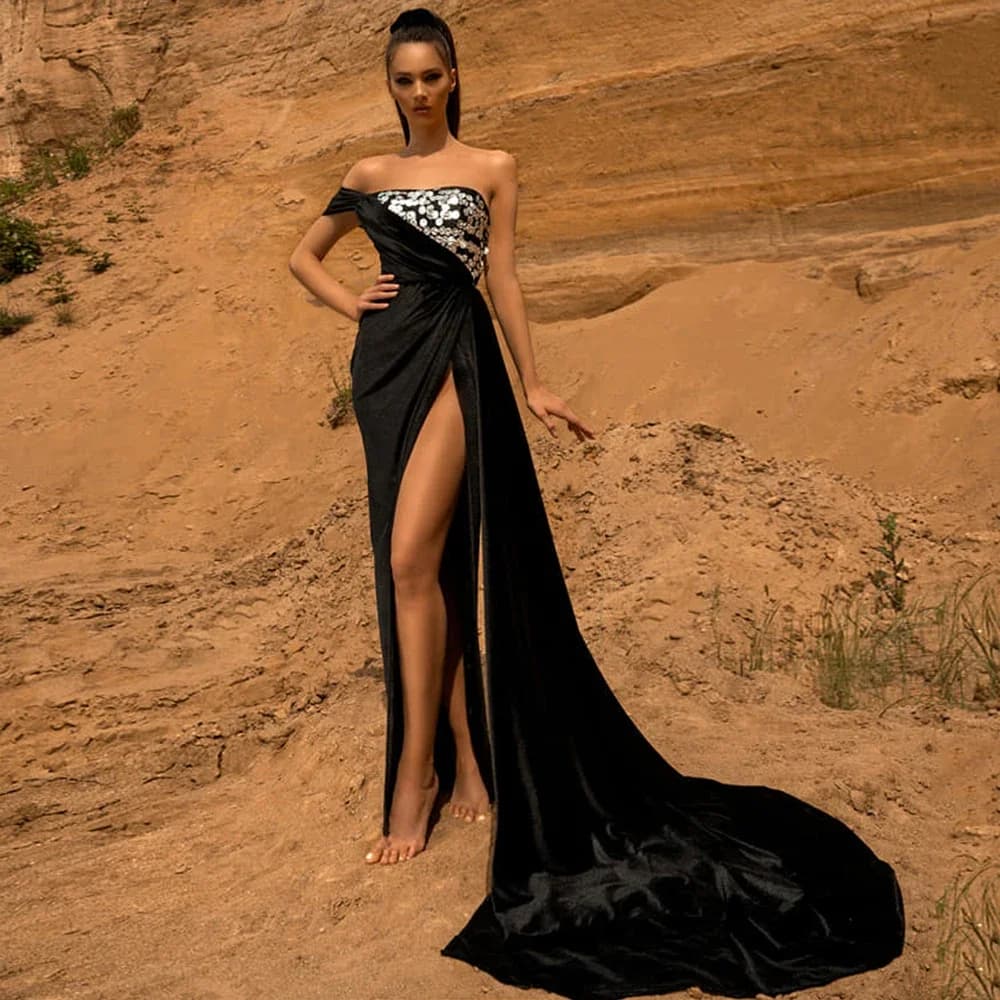 Bohemian Black Strapless Evening Dress Velour Asymmetric Sequin Off the Shoulder High Slit Velvet Prom Gowns Robe De Soiree